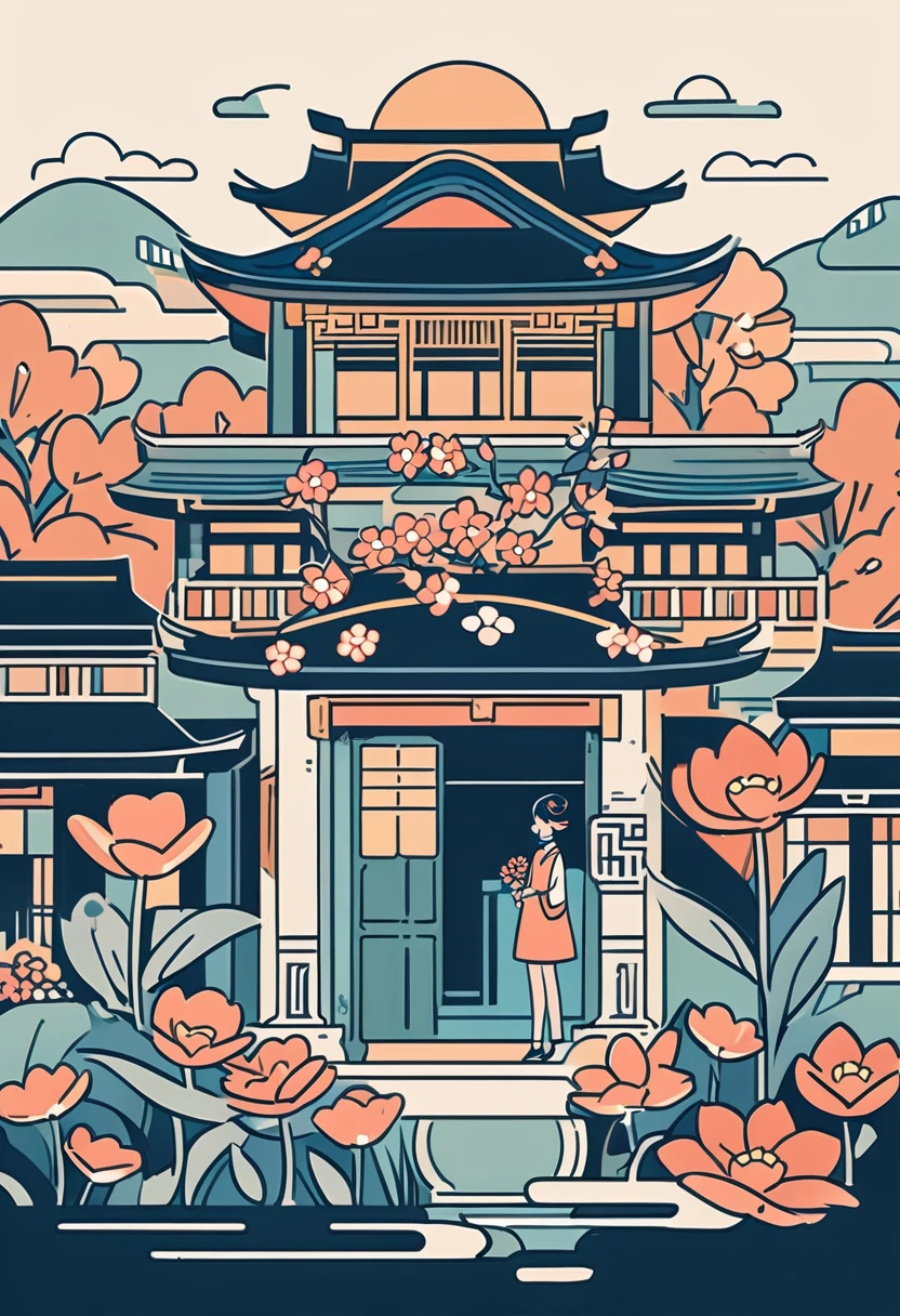 Chinese Girl，With many flowers on the head，style，Beautiful retro，Transparent color soft light，Soft colors and gentle outlines，illustration，Best quality vector illustration mixed pattern and flowers Chinese traditional minimalist hairpin flower center composition with ancient buildings next to it