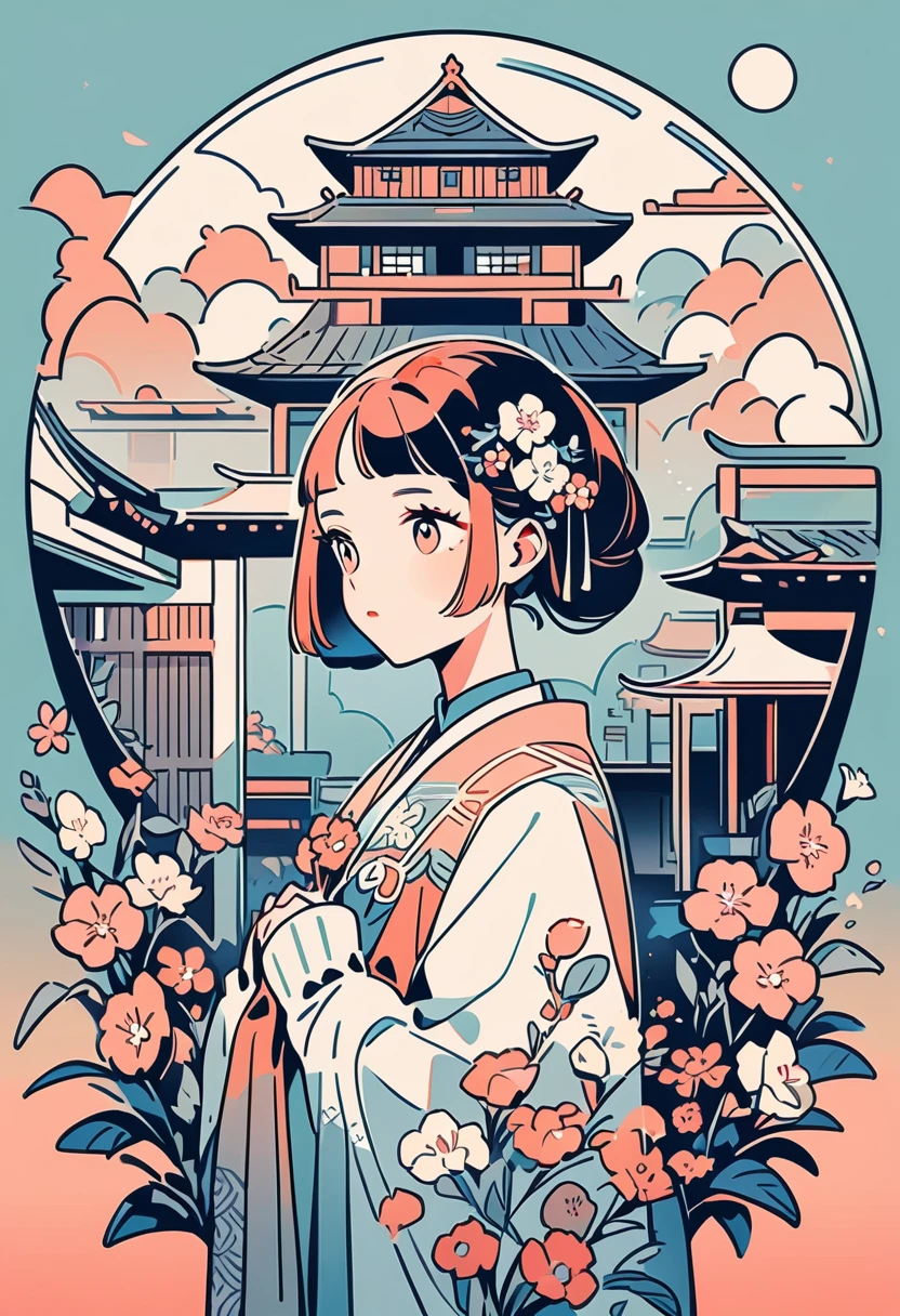 Chinese Girl,With many flowers on the head,style,Beautiful retro,Transparent color soft light,Soft colors and gentle outlines,illustration,Best quality vector illustration mixed pattern and flowers Chinese traditional minimalist hairpin flower center composition with ancient buildings next to it