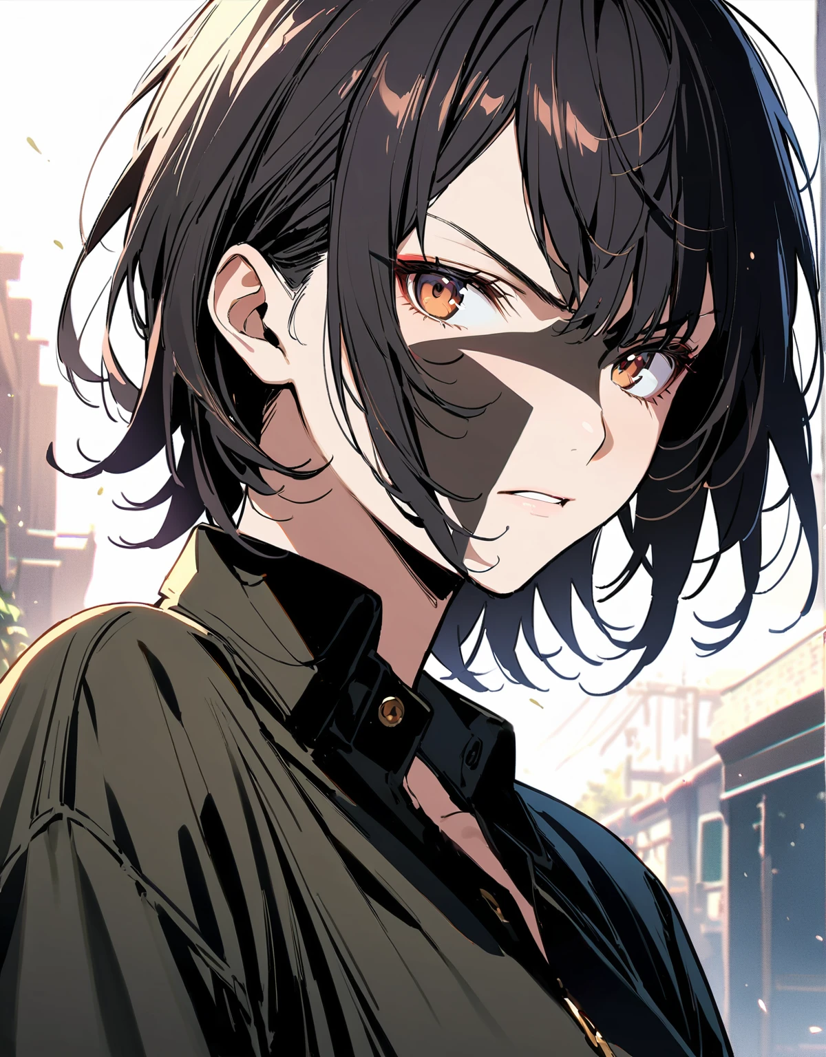 Highest quality、Very high quality、high resolution、Serious face,(Detailed face), (Fine grain),male,beautiful, Black Hair, Brown eyes, Black Shirt,