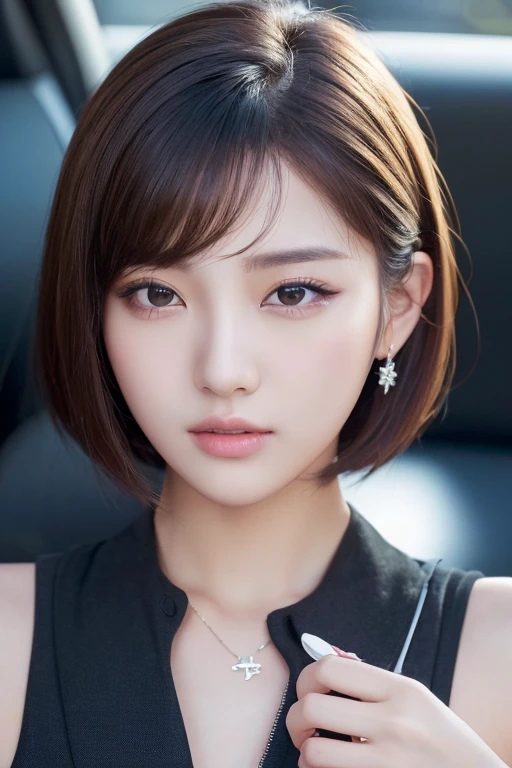 (Highest quality, Ultra-high resolution, Realistic:1.4), 1 beautiful girl, (K-Pop Idols), Detailed face, (Hairstyle: 1, Full van, Short Bob Style:1),whole body、 Contrasting, Perfect Anatomy, , Professional Lighting,