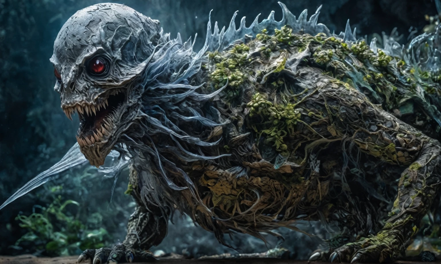 Magical plant ghost flower, ghost flower,carismatic，Incredible，terror ,extremely detailed,intricate details,eyes extremely detailed, high detailed eyes,16k resolution, realistic humid skin,extremely intricate details,Epic Realistic,face anatomically correct,Ultra HD,HDR, natural skin textures, hyper realism,realistic skin texture, hyper detailed,extremely Realism,Ultra Detailed,body logically correct,full body length shot,beggar graphite Manganite sparas, wants eat,survival in criminal city of future,Cinematic,soft colors, Technicolor,natural skin textures, hyper realism, hyper detailed,Extremely detailed,High contrast,Masterpiece,Realistic,Ultra Detailed, intricate details,realistic humid leather,extremely intricate,Epic Realistic, cinematic style,irina yermolova,high contrast,hdr,extremely detailed, [deep night landscape],masterpiece,intricate details,faded,eyes extremely detailed, high detailed eyes,16k resolution,RAW,retina, Nikon Z9,China,Songbird,orc, Guangxi Zhuang of China,tkt style, Pisces, perfect, ginger，transition between two art styles, Ink painting to photorealism, Double contact, X-ray, Creative, vivid light, masterpiece, fantasy, Abstract, Surrealism, super detailed, high resolution, stop:35,(((creature with a spectral and ghostly appearance)). Her skin is pale, almost translucent.wears dark, ancient rock paintings of the first people,of sharkfish's leather