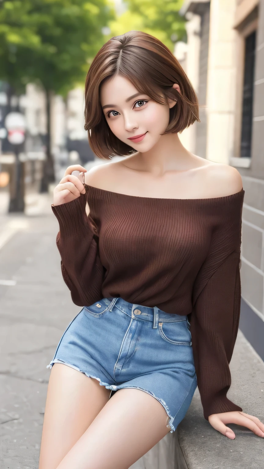Non-NSFW、Realistic、Highest quality、Highest quality、masterpiece、Ultra-high resolution、RAW Photos、Realistic、Bright lighting、Face Light、Smooth Professional Lighting、Looking into the camera、alone、Adult female、Beautiful woman、Super Beauty、Realistic肌、Moisturized Skin、Realistic eyes and faces、Perfect model body shape、Beautiful Eyes、Big eyes、Inconspicuous tear bags、slim、No bra、Beautiful fingers、Very short hair、Brown Hair、Iris、Looks happy、(Both ears are hidden by hair), (Long thigh-length knit shirt:1.3),(Off-shoulder:1.1),In the city, Small Ass, (Large Breasts:1.1),(Venus' Nipples:1.2), A konigsreuter、Sexy Random Poses,(standing:1.1),(from behind:1.6)