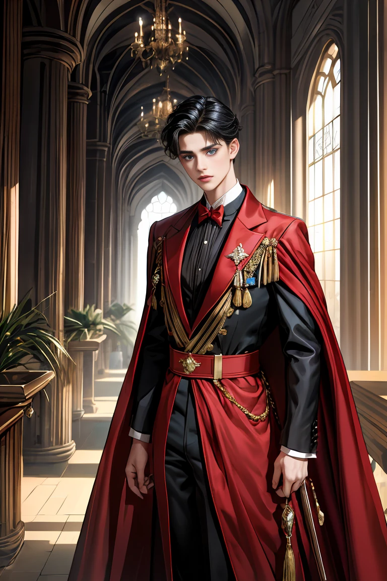 
masterpiece, 最high quality, high quality, 1 boy, alone, Male focus, Watching the audience,  Messy black hair, Adorable big blue eyes, White people, Noble, Noble,Sexy voluminous black and red cape、Tuxedo、A very voluminous, large, very large, very large, long, long red and black cape with a high stand-up collar, reaching down to the floor, made of a lot of fabric., ,Cute beautiful boys,Cute, cute, kind, handsome guy