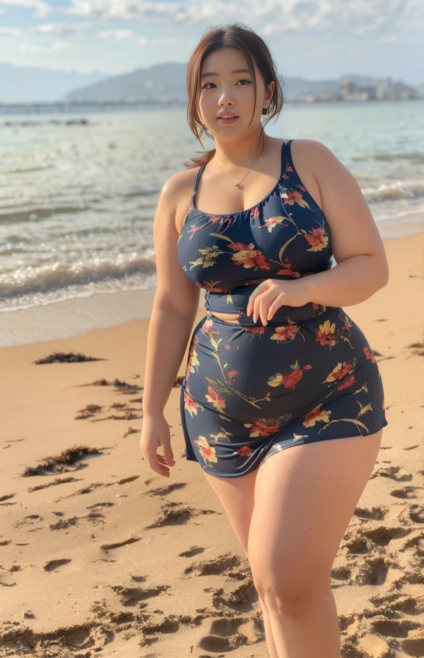 ((best quality)), ((masterpiece)), (detailed), perfect face, araffeTight skirtsShort , thicc, wavy short hair, she has a jiggly fat round belly, bbwchan, wearing tight simple clothes, skinny waist and thick hips, widest hips, her belly is fat and round, soft curvy shape, hyperrealistic full figure, wearing a cute top, wide hips, Blue swimsuit,On the beach by the seaBlue