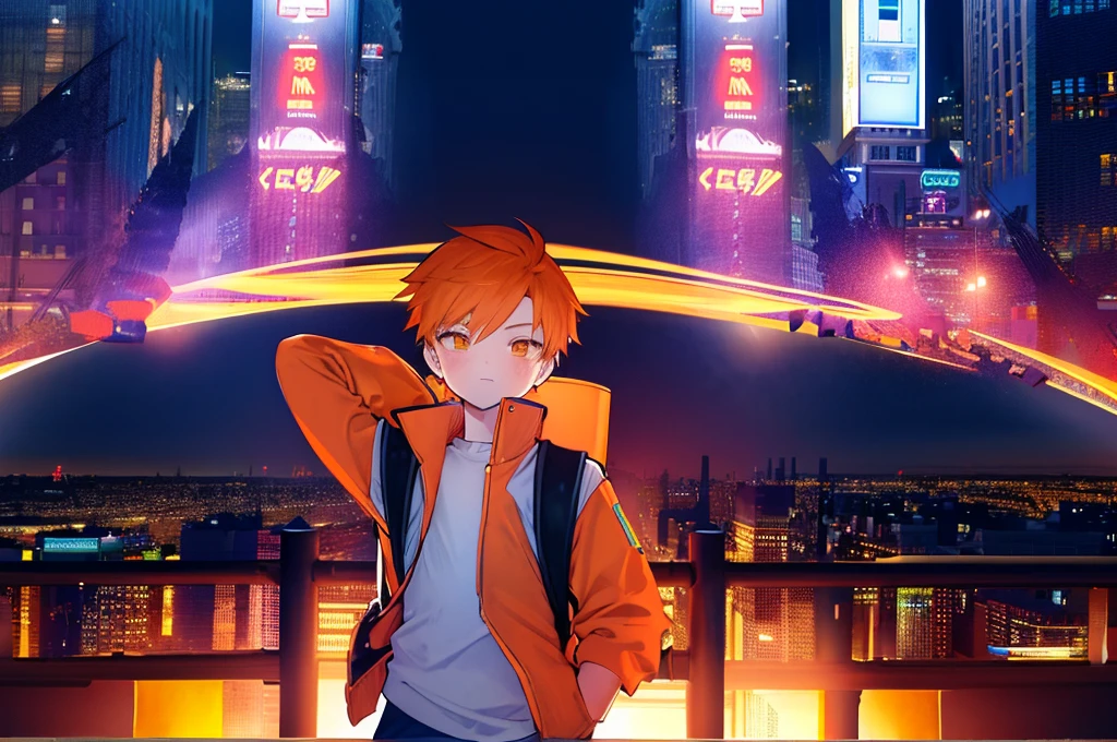  a boy standing in a city with a backpack  in a sleeveless sweatshirt in the middle of a busy Times Square style avenue, winter, leaning against one of the posts, orange hair child, wearing a cold sleeveless jacket, slightly unbuttoned jacket , masculine, little tight in the jacket, sem mangasUm close de a boy standing in a city with a backpack Boy  in a sleeveless sweatshirt in the middle of a busy Times Square style avenue, winter, leaning against one of the posts, orange hair , wearing a cold sleeveless jacket, slightly unbuttoned jacket , masculine, little tight in the jacket, sleeveless Masterpiece, Best Quality, Ultra Detailed, 1man