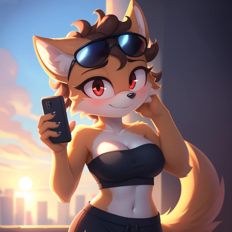 mobian, solo, hedgehog, two-tone fur ((orange fur, brown fur)), strapless crop top, baggy pants, cleavage, two-tone hair (brown hair, black tip)), curly hair, halo, sunglasses, jewelry, red eyes, longeyelashes, red eyes, smile, shy, blush, holding phone, high detail, masterpiece, UHD, anatomically correct, super detail, highres, 4K