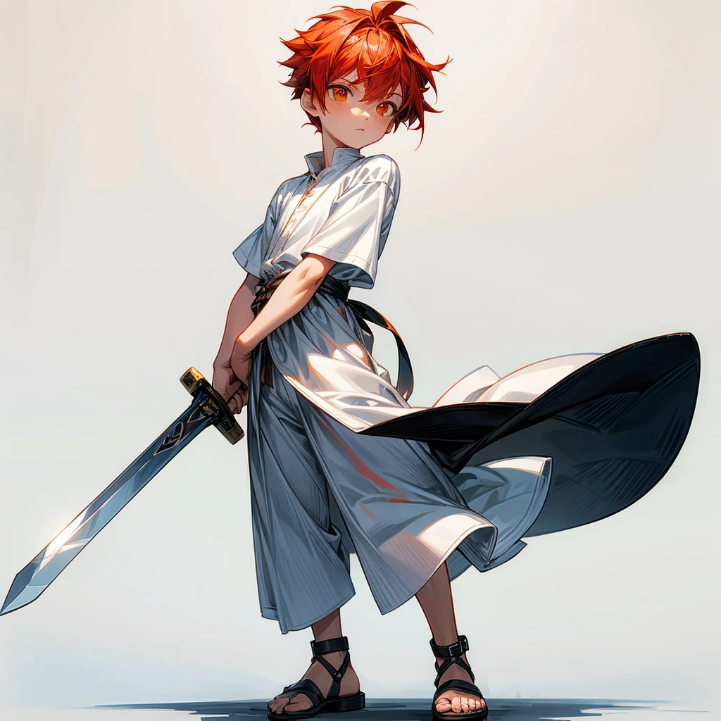 1little boys, Full body version, orange eyes, undercut hair, red colour hair, plain full white tunic Roman clothing, short sleeve shirt, gladiator sandals, plain sword in hand, Grassroots background