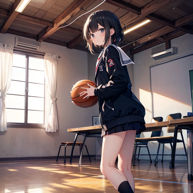 (masterpiece:1.2), highest quality, High resolution, black hair, Perfect lighting, Highly detailed CG, (Perfect hands, Perfect Anatomy)、buruma, taisofuku, 12-year-old girl, school gym, wooden floor, basketball coat, indoor, window