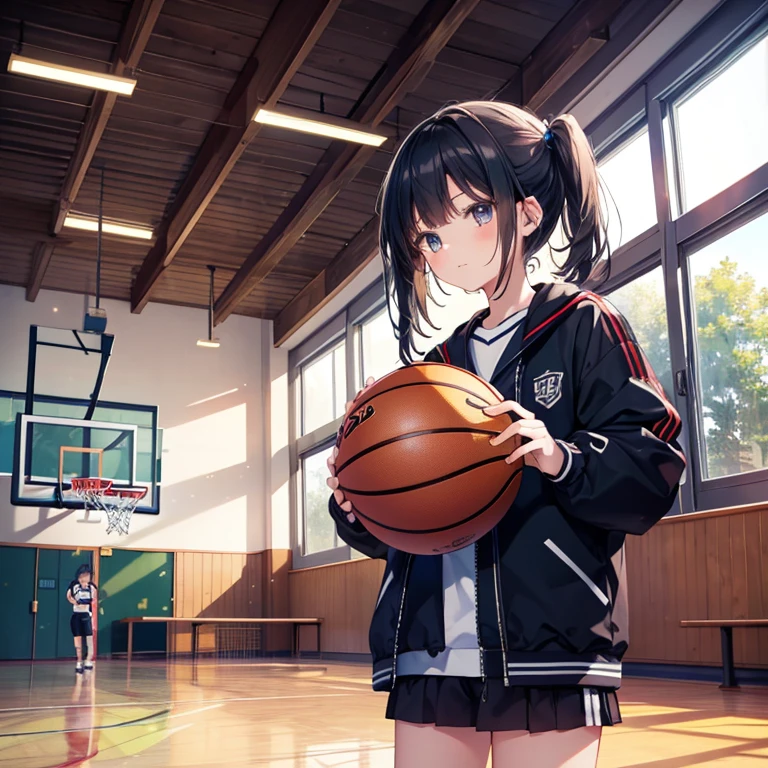 (masterpiece:1.2), highest quality, High resolution, black hair, Perfect lighting, Highly detailed CG, (Perfect hands, Perfect Anatomy)、buruma, taisofuku, 12-year-old girl, school gym, wooden floor, basketball coat, indoor, window
