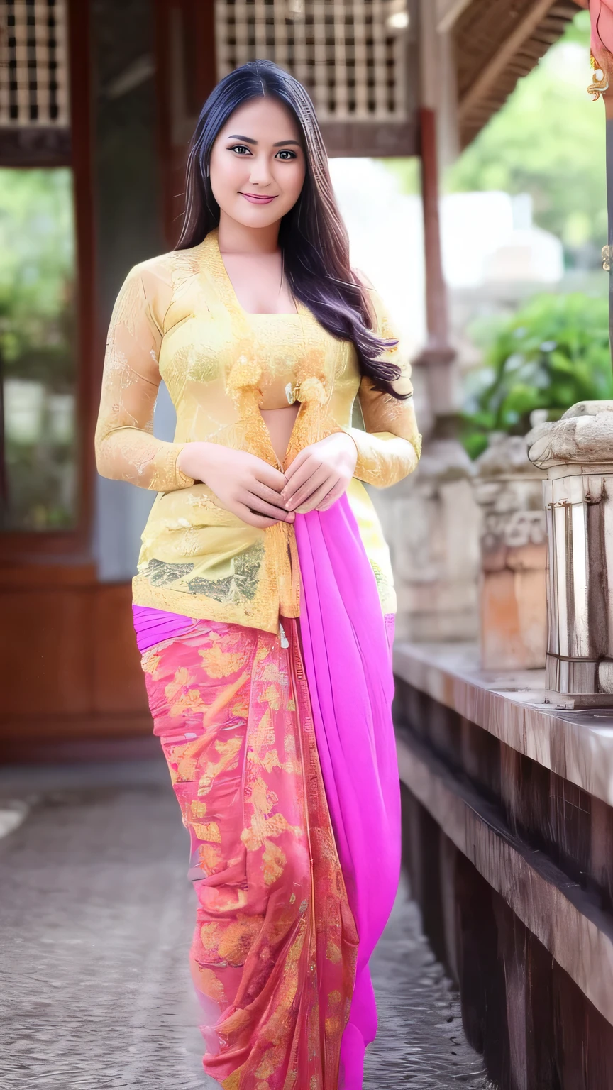 Vogue style photo shoot of malay 20 years old lady wears ((traditional bali kebaya)), ((transparent cloth)), brown skin, ((dimple chin)), big natural breast, saggy breast, very skinny body, sensual pose, ribs, hyper - realistic photography, full body, 8k, extreme close - up shot, half body shot, sexy pose, ((gigantic breast)), small belly, no panties, no pants, no skirt, taken photo from side angle
