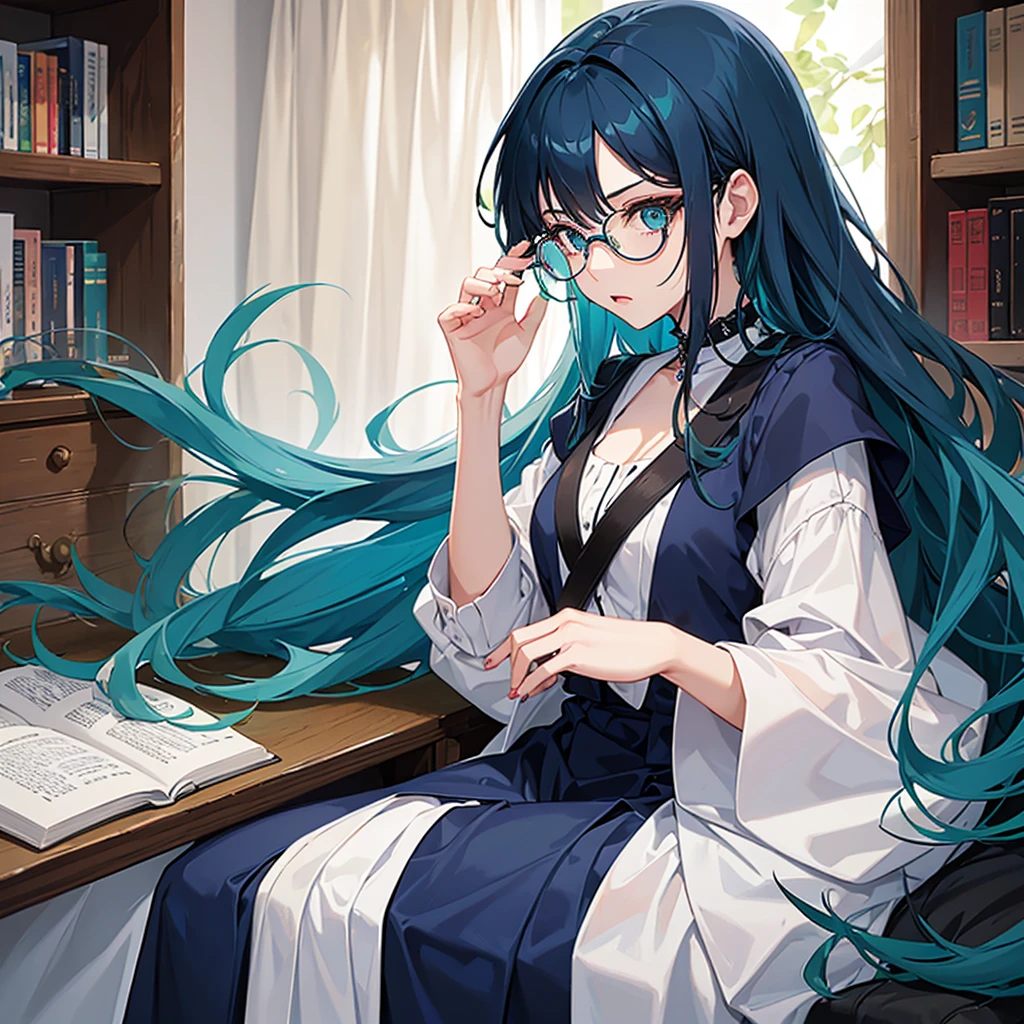 A girl with long dark blue hair with turquoise locks, She wears glasses and is pale, her eyes are dark blue, she dresses formally and is holding a book., She is 29 years old and she is serious