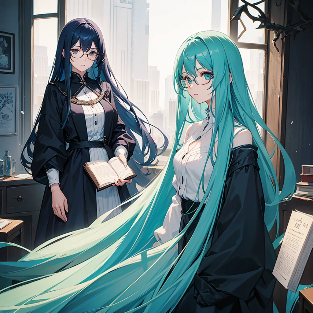 A girl with long dark blue hair with turquoise locks, She wears glasses and is pale, her eyes are dark blue, she dresses formally and is holding a book., She is 29 years old and she is serious