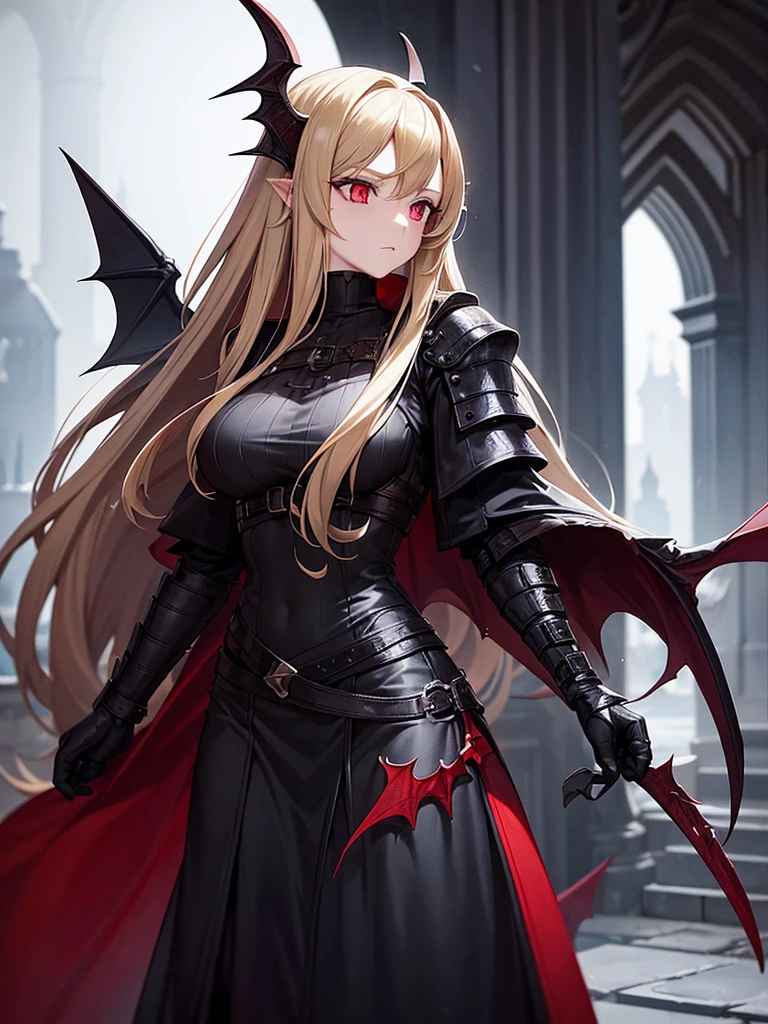 An adult woman with long blonde hair and red eyes. She would have dragon features: wings and sharp pupils like a dragon.
She would also wear dark souls-style body armor.
Artwork based on dark souls, gothic style.