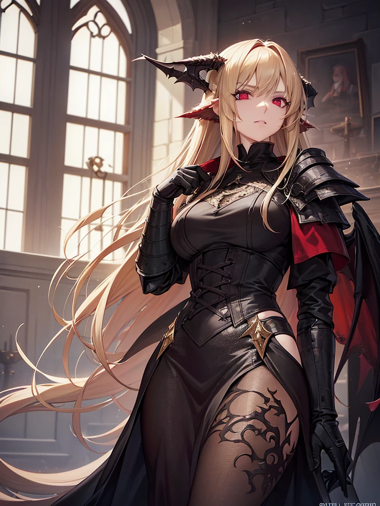 An adult woman with long blonde hair and red eyes. She would have dragon features: wings and sharp pupils like a dragon.
She would also wear dark souls-style body armor.
Artwork based on dark souls, gothic style.