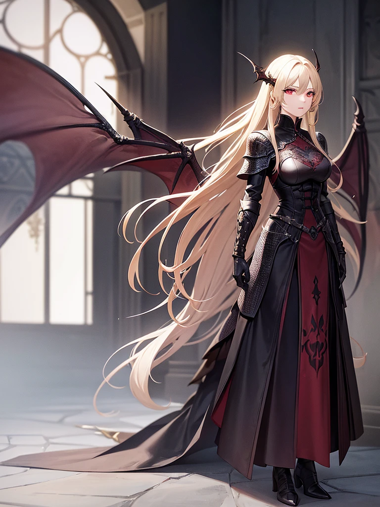 An adult woman with long blonde hair and red eyes. She would have dragon features: wings and sharp pupils like a dragon. 
She would also wear dark souls-style body armor.


Artwork based on dark souls, gothic style.