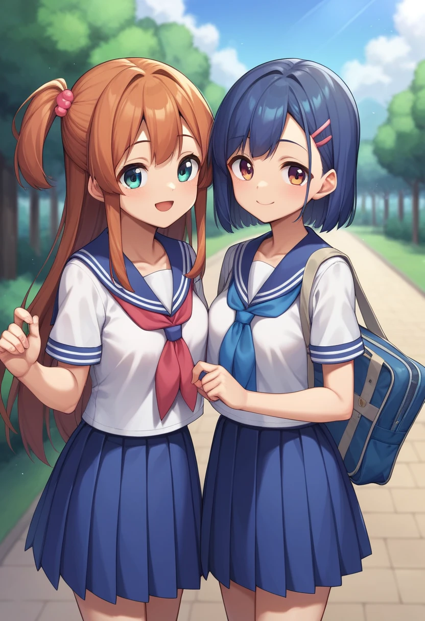 best quality, masterpiece,
outdoors,
2 high school girls with a book and a schoolbag,
wearing a long-sleeved Japanese mitakihara ,
smile, cute, face fully visible, serafuku,
Background,
blue Morning glory,
(only one large and big mount Fuji:1.2)