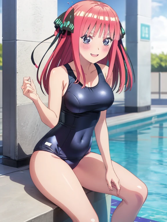 best quality, insanely detailed, nino nakano, breasts, one-piece swimsuit, blush, smile