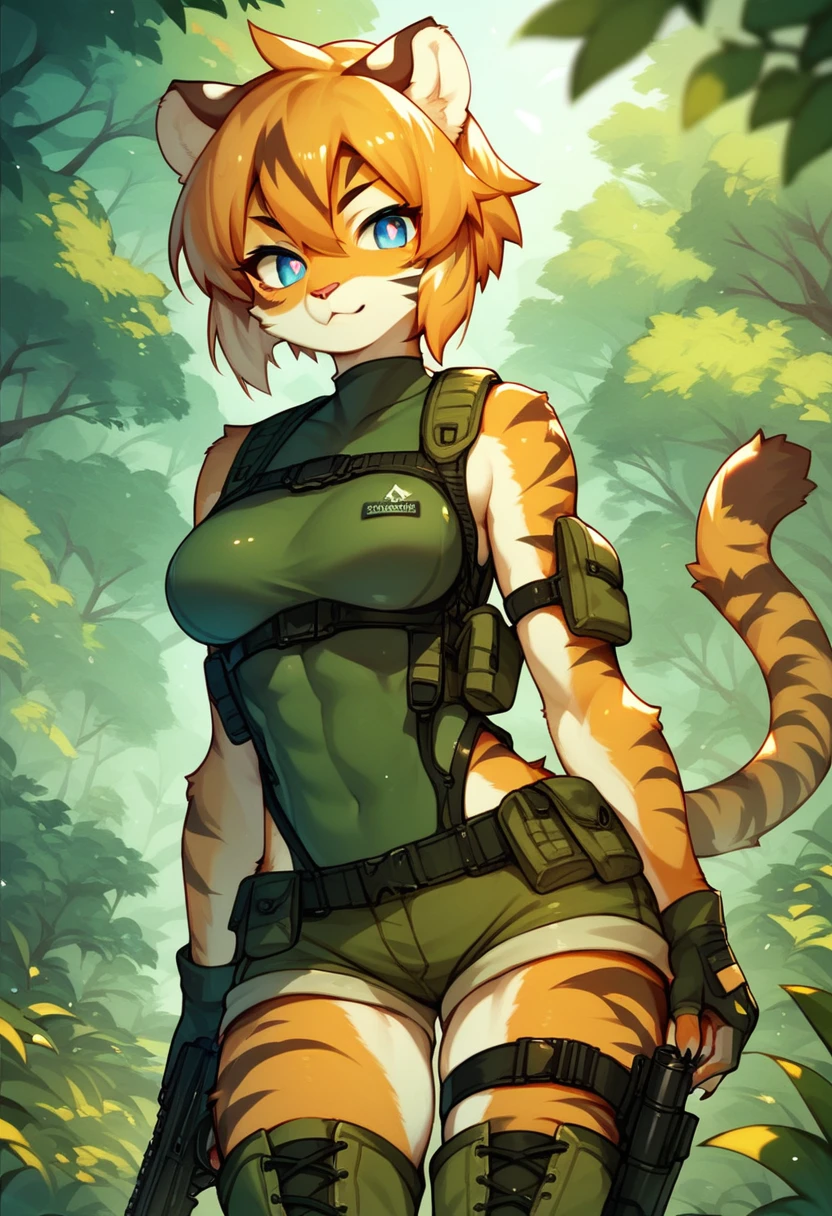 score_9, score_8_up) score_7_up, score_6_up, solo, tiger, kemono, anthro, cute, short hair, blue eyes, white pupils, sexy, orange fur, shorts, tactical harness, thigh high boots, assassin girl, sleeveless mesh body suit, tactical gloves, medium breasts, forest background,