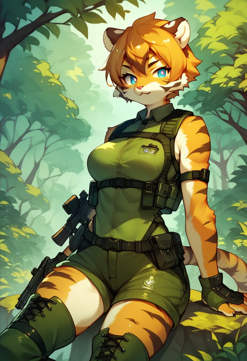 score_9, score_8_up) score_7_up, score_6_up, solo, tiger, kemono, anthro, cute, short hair, blue eyes, white pupils, sexy, orange fur, shorts, tactical harness, thigh high boots, assassin girl, sleeveless mesh body suit, tactical gloves, medium breasts, forest background,