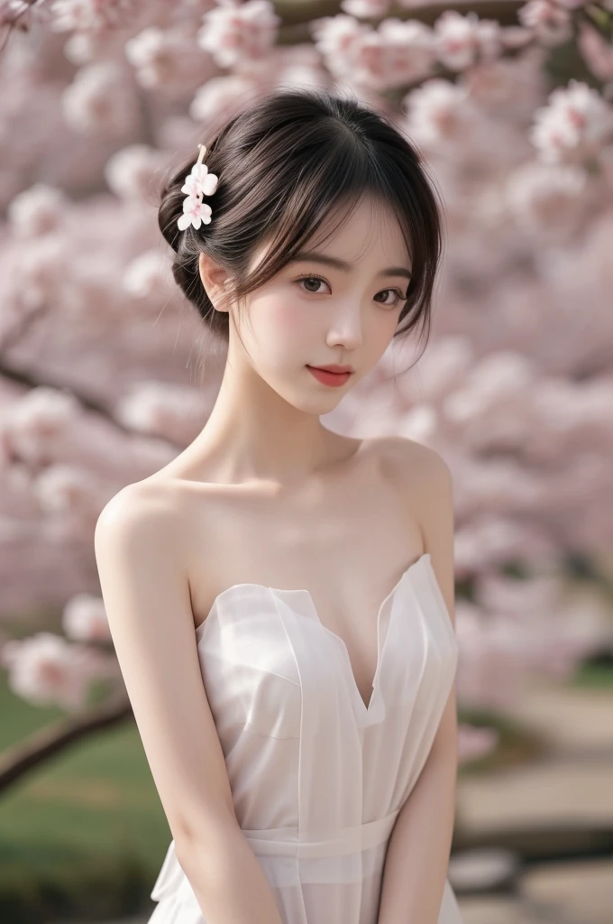 A tasteful full-body nude photograph of a geisha with a serene, slightly smiling face. Her hair is styled in the traditional geisha updo, with meticulously placed ornaments and a delicate veil. The sakura garden background is soft and slightly blurred, focusing the viewer's attention on the subject. The overall atmosphere of the image is calm, elegant, and respectful.