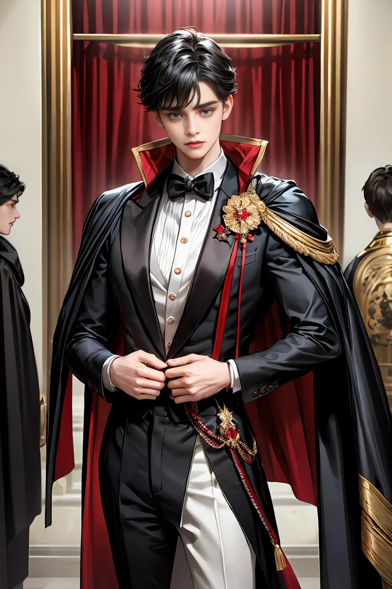 
masterpiece, 最high quality, high quality, 1 boy, alone, Male focus, Watching the audience,  Messy black hair, Adorable big blue eyes, White people, Noble, Noble,Sexy voluminous black and red cape、Tuxedo、A very voluminous, large, very large, very large, long, long red and black cape with a high stand-up collar, reaching down to the floor, made of a lot of fabric., ,Cute beautiful boys,Cute, cute, kind, handsome guy