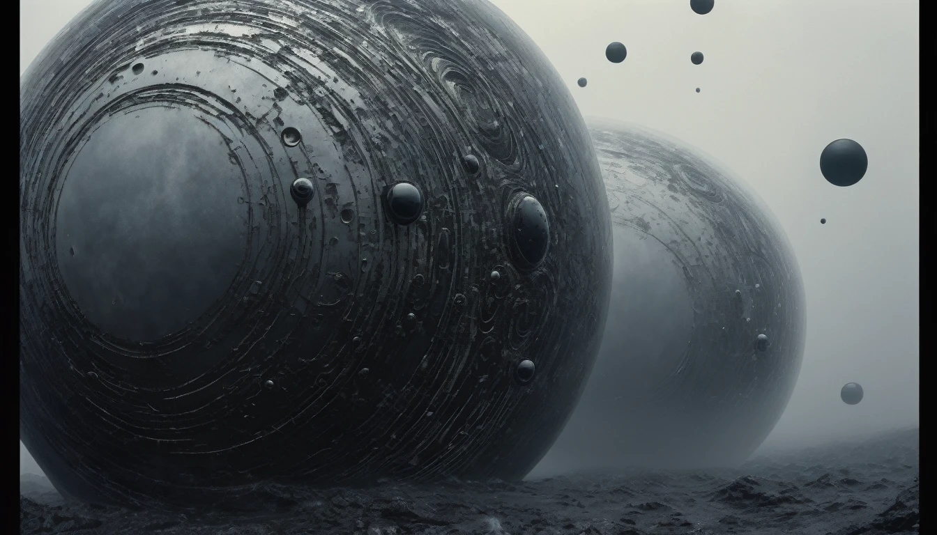 ON A STORMY GRAY DAY YOU SEE THE BLACK PLANETS, R STYLE.h. GIGER VERY CLOSE, ALMOST TOUCHING. SHOWS GRAVITATIONAL FIELD ABSORBING AND RELEASING MATTER MUTUALLY, 4k image, ALTA RESOLUCIÓN E hÍPER REALISTA, FILM DAYLIGHTING, CLOUDY DAY WITH FOG. hORIZONTE COMPROMETIDO
