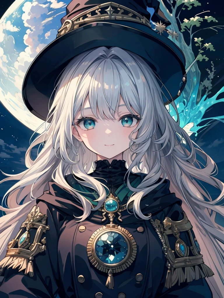 (masterpiece),(top-quality),(ultra-detailed),(high resolution),(in 8K animation),(beautifull detailed face),(beatiful detailed eyes),(anatomically correct),(Keep your head small),1girl,witch,silver hair,wavy hair,green eyes,(round eyes),bangs,smile,a lot of glowing particles,dreamcore,Night scene
