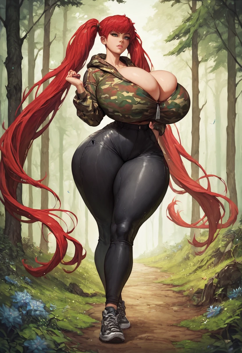 1girl, solo, masterpiece, best quality, detailed, narrow waist, wide hips, huge breasts, huge ass, score_9, score_8_up, score_7_up, red hair, twintails, long hair, forest, camouflage hoodie, black pants, bursting breasts, tight clothes