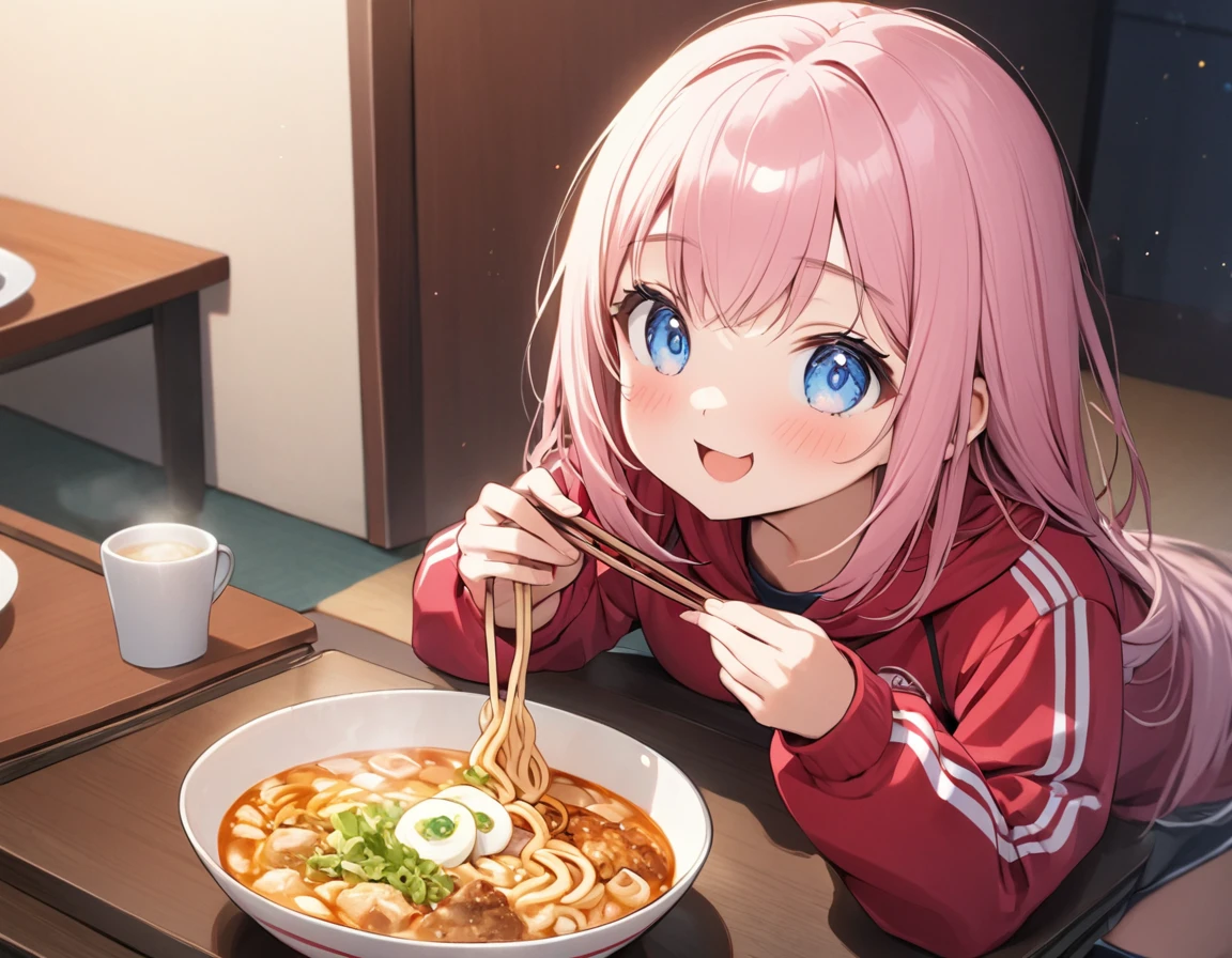 (8K, best quality, master piece: 1.2), super high resolution,1 cute girl,,solo,ultra-detailed face,detailed eyes,detailed eyes,mascara,happy,Lily Pink hair,Straight hair,Long hair,Tracksuits,seiza at a table,perfect hands, perfect fingers,holding chopsticks,eating udon in a bowl,(kotatsu:1.1),indoors,table,(under kotatsu:1.2),kitten