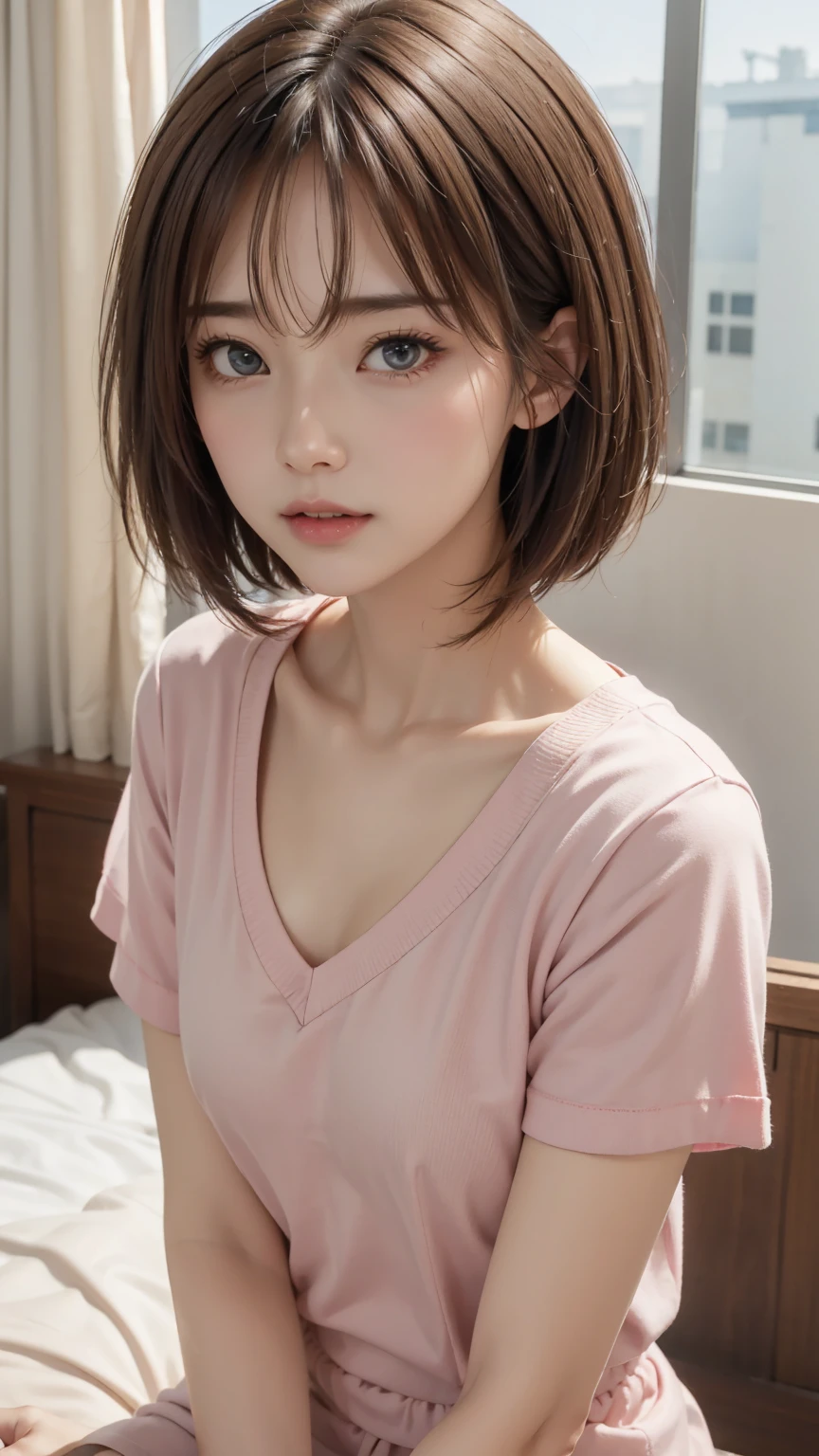 high grade quality,8K visual quality,high detail skin and eye, Small breasted wife,Square neck T-shirt、slouch、Pink clothes