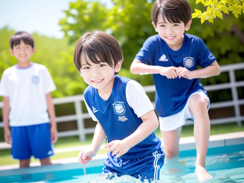 夏休みのprimary school校、Pool、primary school５Grade、Japan Boy、Glowing water splashes、A good boy dripping with water、Playing innocently、hot day、Two Boys、Various poses、Short sleeve gym uniform、Blue shorts、physical education、barefoot，（Boy 1.4）、Boys only 、(１０Age 1.４)