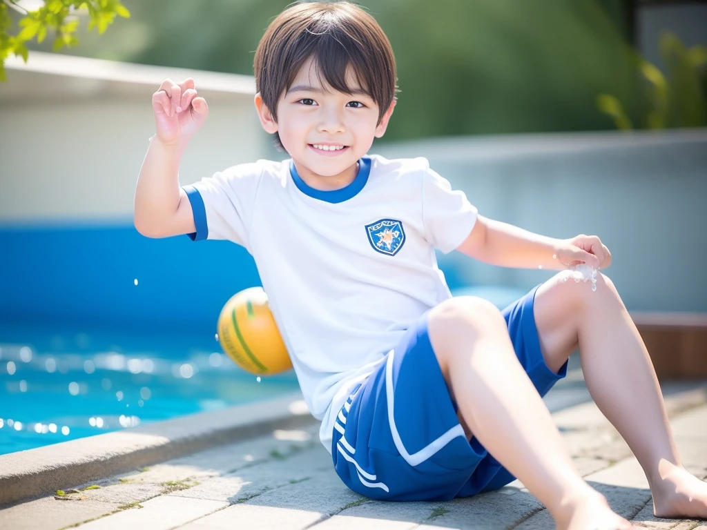 夏休みのprimary school校、Pool、primary school5Grade、Japan Boy、Glowing water splashes、A good boy dripping with water、Playing innocently、hot day、Two Boys、Various poses、Short sleeve gym uniform、Blue shorts、physical education、barefoot,(Boy 1.4)、Boys only 、(10Age 1.4)