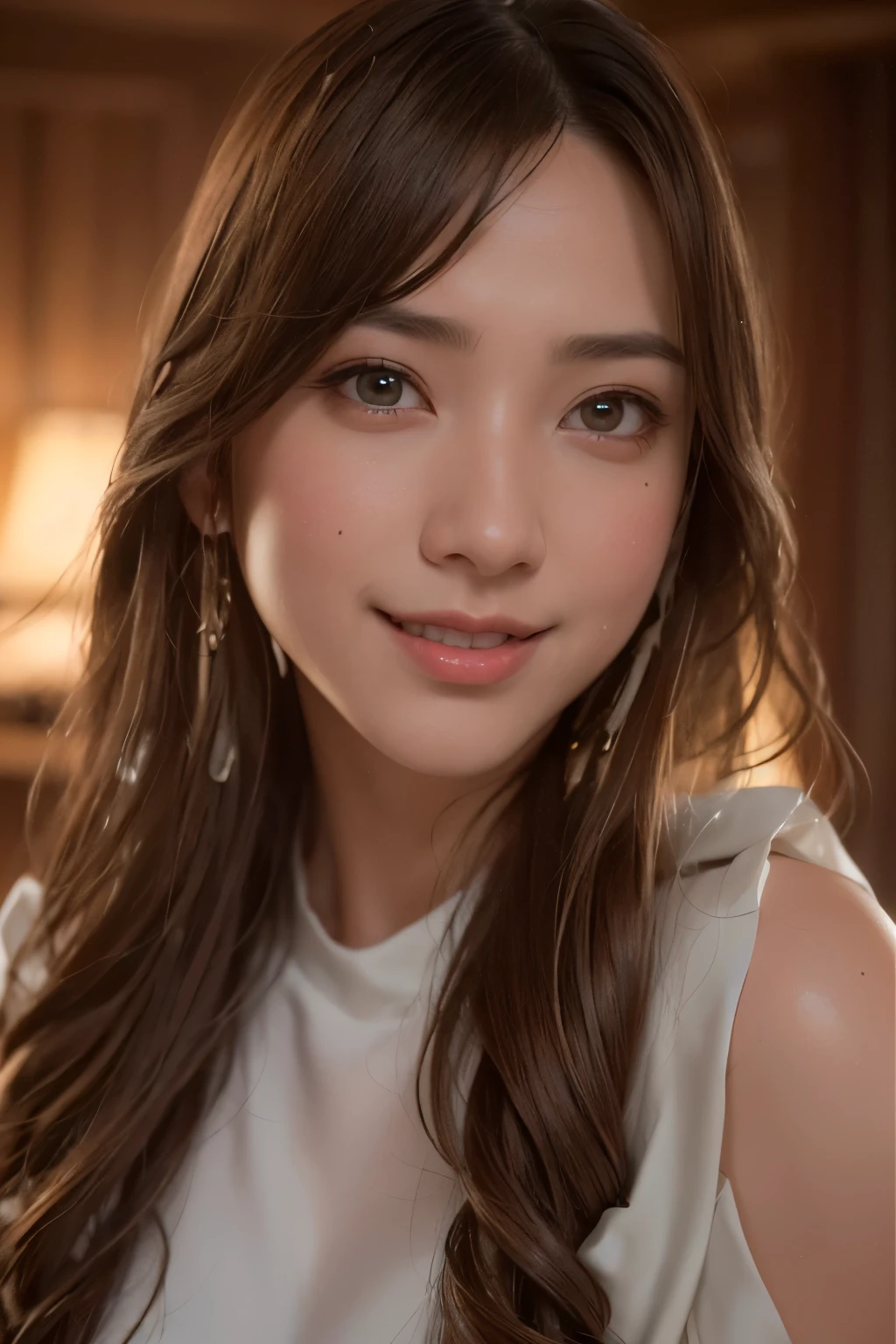 Top Quality, Masterpiece, Ultra High Resolution, (Photorealistic: 1.4), Raw Photo, 1 Girl, Brown Hair, Glossy Skin, (((Ultra Realistic Details)), Portrait, Global Illumination, Shadows, Octane Rendering, 8K, Ultra Sharp, Intricate Ornaments Details, realistic skin, sweat effect, very intricate detail, realistic light, CGSoation trend, brown eyes, glowing eyes, disney princess belle