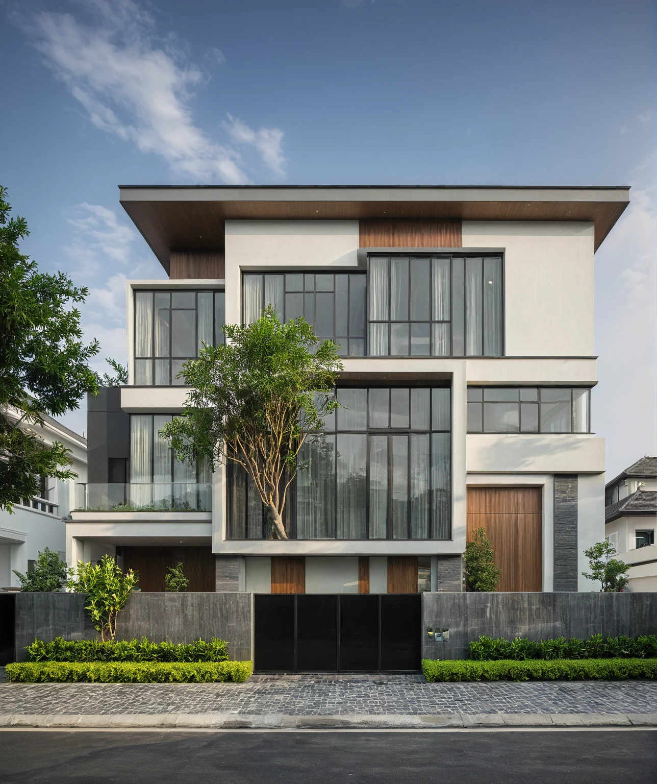 modern villa on street, (overcast lighting:1.2), tropical tree, vivid color, streetcapes, nice sky, grey and wwhite tone, (large glass door:1.2), warm interior lighting, modern material, best quality, ultra realistic, masterpiece, 17ArchiAI_XL_VL-v1
