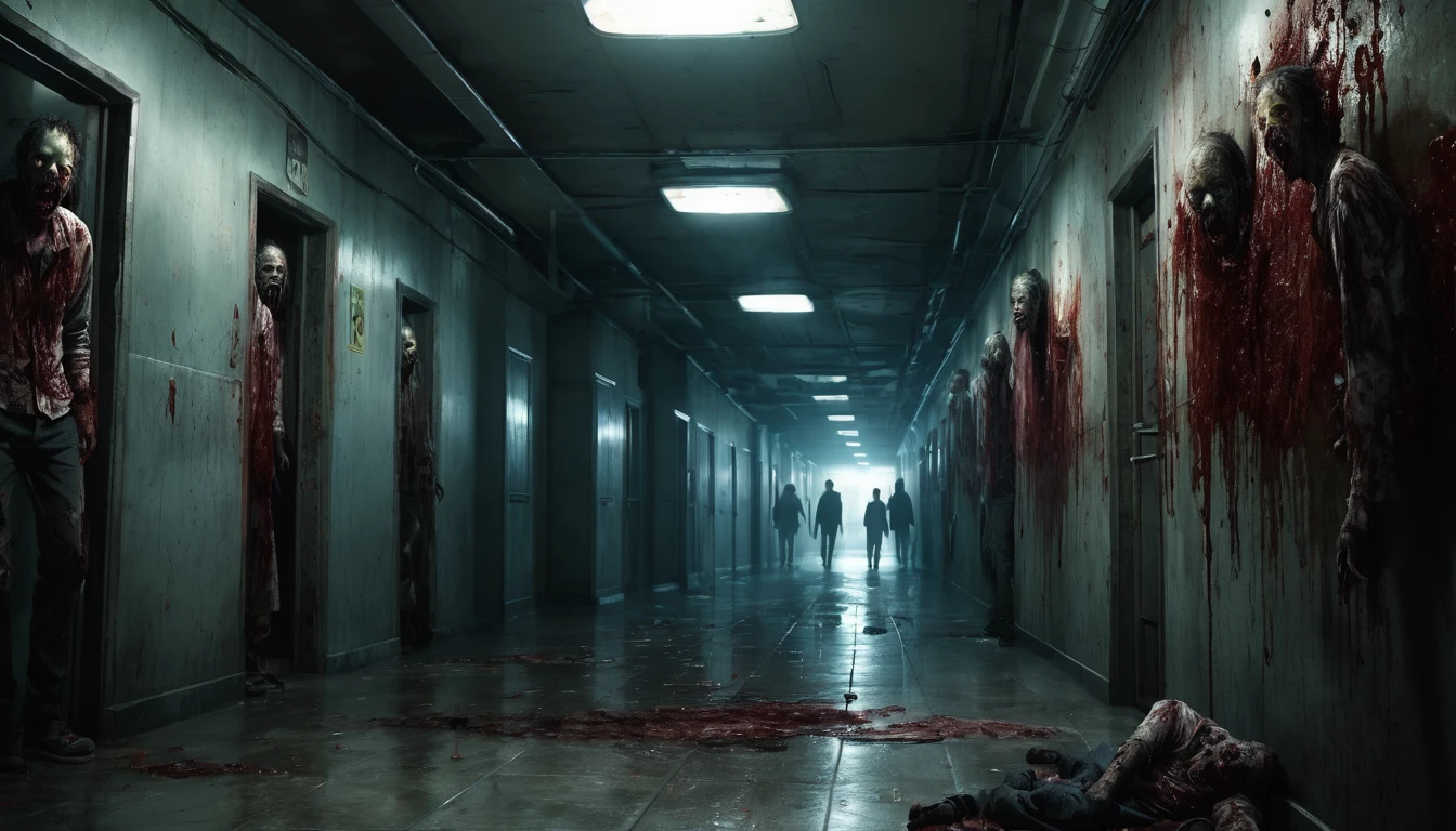 The virus finally starts, consuming the faces of man, zombie eyes, Torn and bloody clothes, Watching the scenes, the narrow and scary corridor at the bottom, volumetric lighting, real-life, wide angle, very detailled, low-contrast, horor