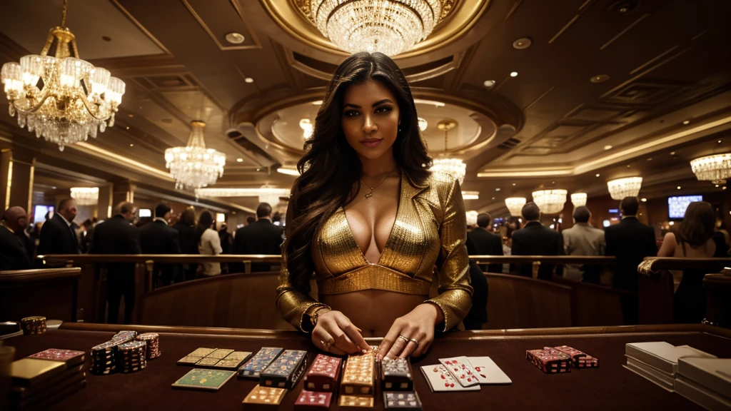 Smile,a piles of US dollar bills, beautiful woman, casino, gambling, luxury, gold, glamorous, opulent, high-end, dramatic lighting, cinematic, intricate details, photorealistic, 8k, hyper-detailed, masterpiece, award-winning art, dramatic contrast, rich color palette, chiaroscuro, volumetric lighting, cinematography, high production value