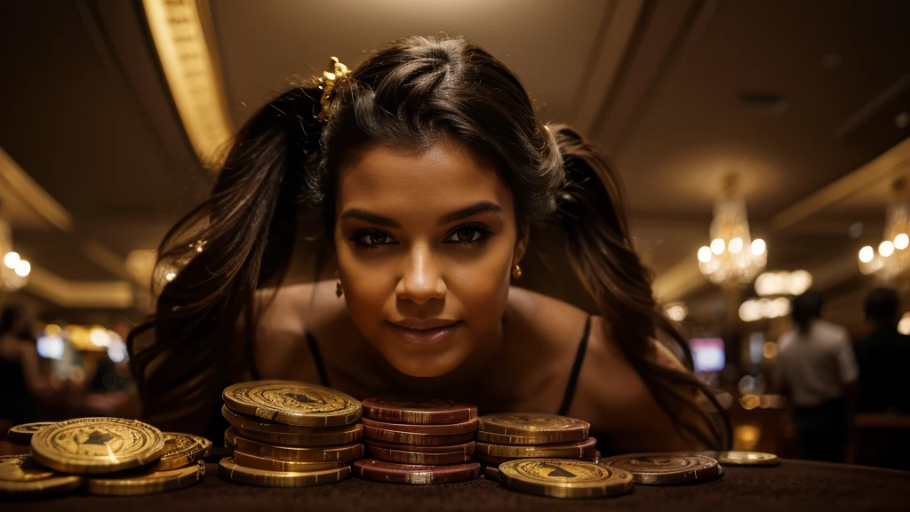 Smile,a piles of US dollar bills, beautiful woman, casino, gambling, luxury, gold, glamorous, opulent, high-end, dramatic lighting, cinematic, intricate details, photorealistic, 8k, hyper-detailed, masterpiece, award-winning art, dramatic contrast, rich color palette, chiaroscuro, volumetric lighting, cinematography, high production value
