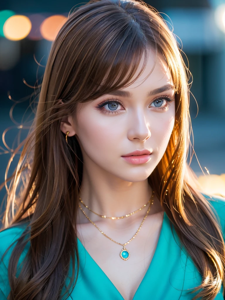 a beautiful young russian woman, detailed face, ((high quality)), photorealistic, stunning eyes, long eyelashes, attractive facial features, flawless skin, light brown hair, tight waist, necklace, active posing, long hairstyle, vivid colors, masterpiece, best quality, cinematic scene, confident expression, ultra-detailed, (realistic:1.37), 8k, HDR, studio lighting, physically-based rendering, professional, vivid colors, bokeh, portrait