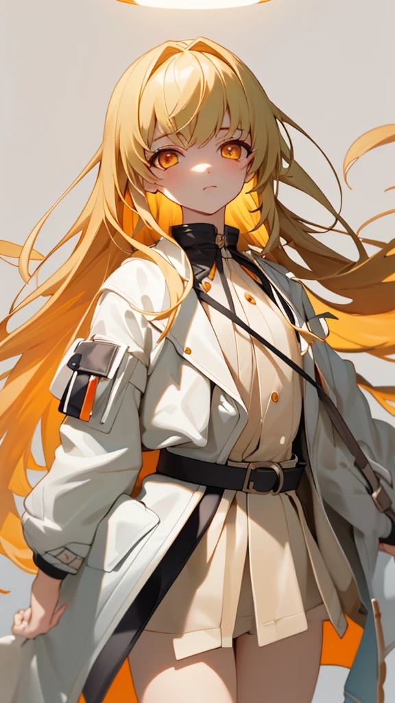 c.c., Expressionless, , (masterpiece, Highest quality, Super detailed, Best Shadow, Volumetric lighting), (Beautifully detailed face, Beautiful attention to detail), (Best lighting),, Orange eyes, Very long hair, (White straitjacket:1.4), Black belt, , (Cowboy Shot:1.3), intense angle,, mksks style, Beautiful background, Professional Lighting, Warm coloured landscape,