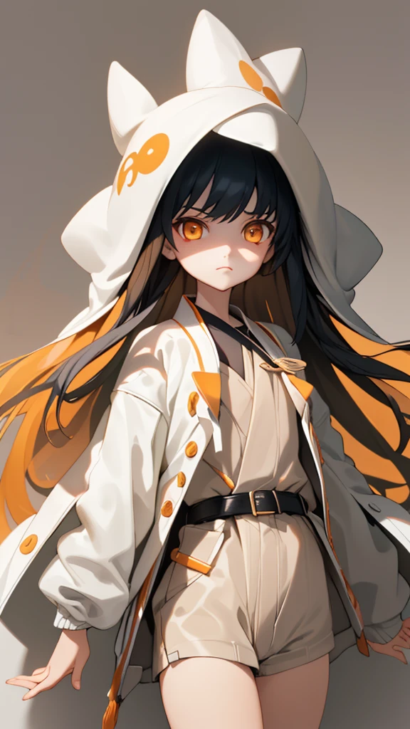 c.c., Expressionless, , (masterpiece, Highest quality, Super detailed, Best Shadow, Volumetric lighting), (Beautifully detailed face, Beautiful attention to detail), (Best lighting),, Orange eyes, Very long hair, (White straitjacket:1.4), Black belt, , (Cowboy Shot:1.3), intense angle,, mksks style, Beautiful background, Professional Lighting, Warm coloured landscape,