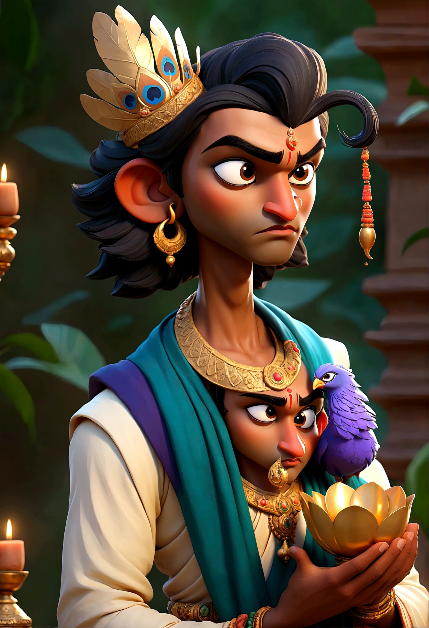 Masterpiece, best quality, outdoor, night, full moon, lakeside, branches, 1 man, mature man,India style, ancient war , black hair, black eyes, forked hair, long hair, long bangs, handsome, handsome, masculine, gentle, tall, calm, black and gold mixed clothing, gold pattern, dragon pattern, prince,historical character, beautiful Indian man,Lord Krishna, the divine prince and supreme guide, stands with graceful elegance, his dark complexion radiating an aura of wisdom and compassion. His piercing eyes shine like stars, filled with ancient knowledge and unconditional love. He wears a gentle smile, embodying his role as a mentor and friend. His iconic peacock feather adorns his head, symbolizing his divine nature. In his hands, he holds the sacred conch shell, representing his power to guide and protect. His presence exudes calmness, wisdom, and spiritual strength, inspiring those around him to embrace their true potential.

