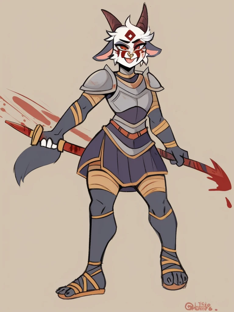 1girl, furry, furry_female, goat_ears, goat_girl, smile, solo, wearing  armor, gladiator flat sandals, gladiator skirt, humanoid feet, holding sword, nose ring, septum piercing ring, facepaint, blood from mouth