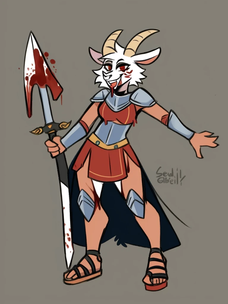 1girl, furry, furry_female, goat_ears, goat_girl, smile, solo, wearing armor, gladiator flat sandals, gladiator skirt, humanoid feet, holding sword, nose ring, septum piercing ring, facepaint, blood from mouth
