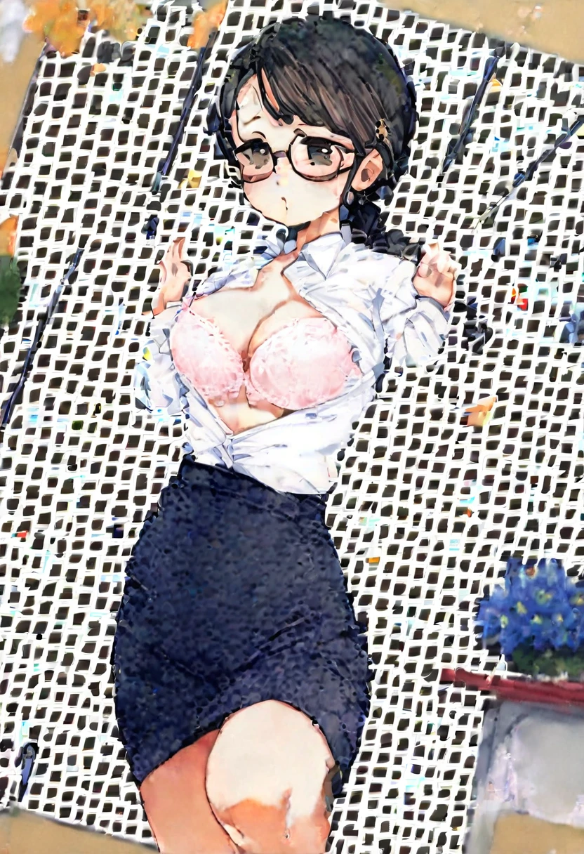 (mature woman), blush, very horny, Fair Skin, shirt with open button, (neckline that shows the bra), Long pencil skirt, wearing glasses, braided black hair, purples eyes, beautiful face, 가슴, sensuous, highest quallity,standing pose, (fund: in front of the office desk)