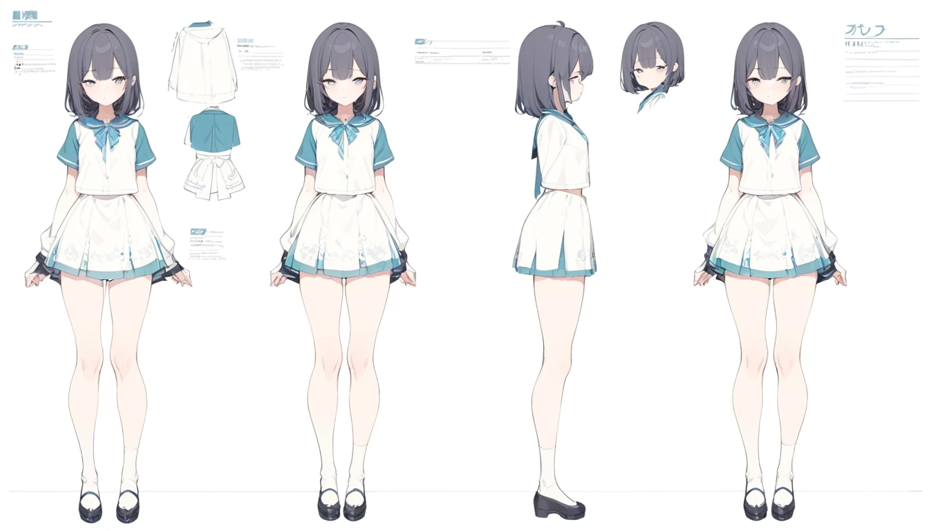 (best quality, masterpiece), 1girl, 15 yo,cute, standing girl, three view drawing, front and back and side, character sheet,full body,simple background,