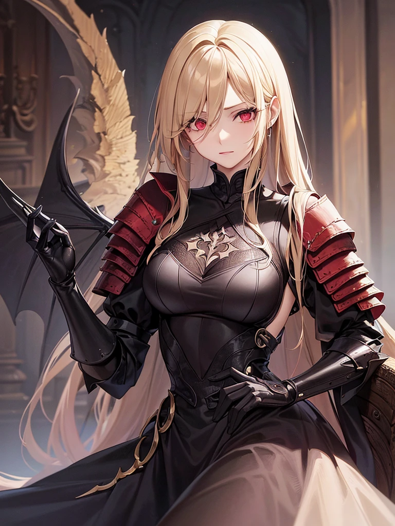 An adult woman with long blonde hair and red eyes. She would have dragon features: wings and sharp pupils like a dragon.
She would also wear dark souls-style body armor.
Artwork based on dark souls, gothic style.