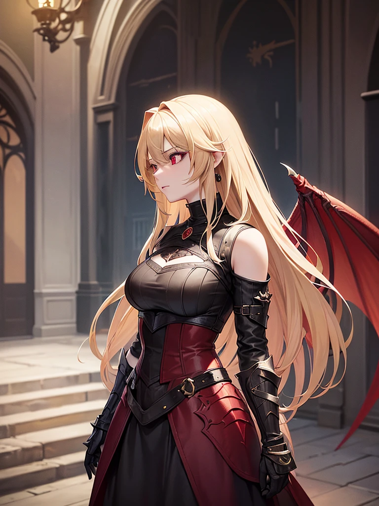 An adult woman with long blonde hair and red eyes. She would have dragon features: wings and sharp pupils like a dragon. 
She would also wear dark souls-style body armor.


Artwork based on dark souls, gothic style.