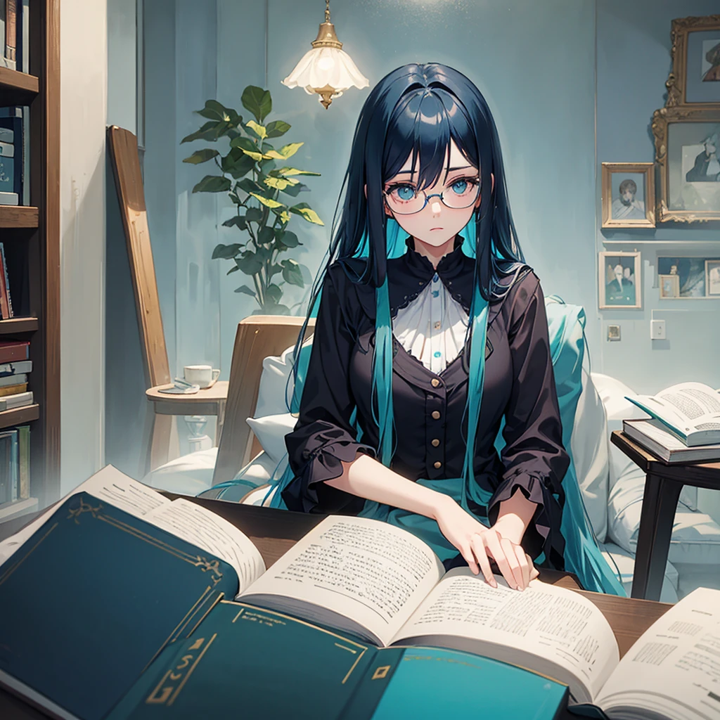 A girl with long dark blue hair with turquoise locks, She wears glasses and is pale, her eyes are dark blue, she dresses formally and is holding a book., She is 29 years old and looks quite serious while reading the book.