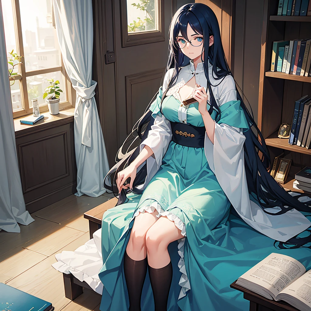 A girl with long dark blue hair with turquoise locks, She wears glasses and is pale, her eyes are dark blue, she dresses formally and is holding a book., She is 29 years old and looks quite serious while reading the book.