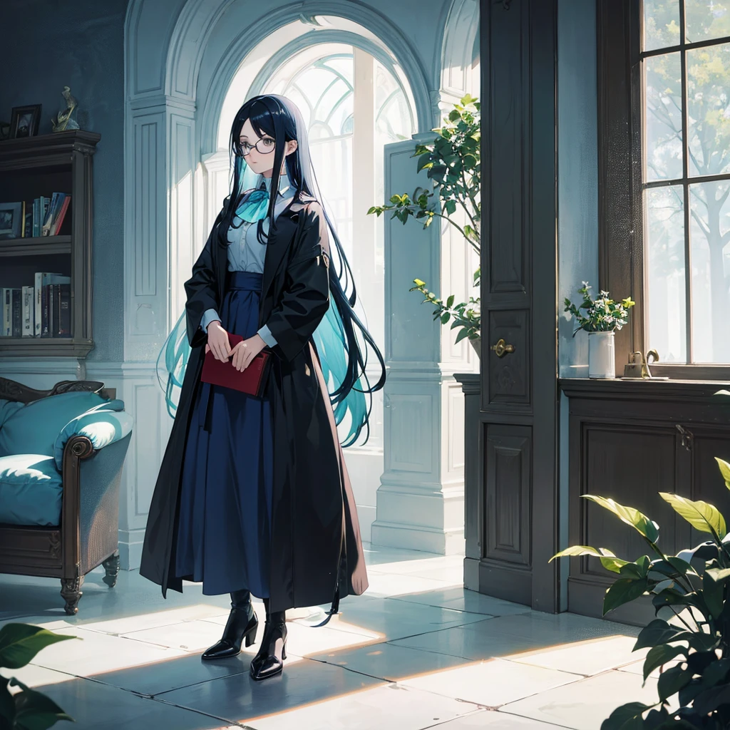 A girl with long dark blue hair with turquoise locks, She wears glasses and is pale, her eyes are dark blue, she dresses formally and is holding a book., She is 29 years old and looks quite serious while reading the book.